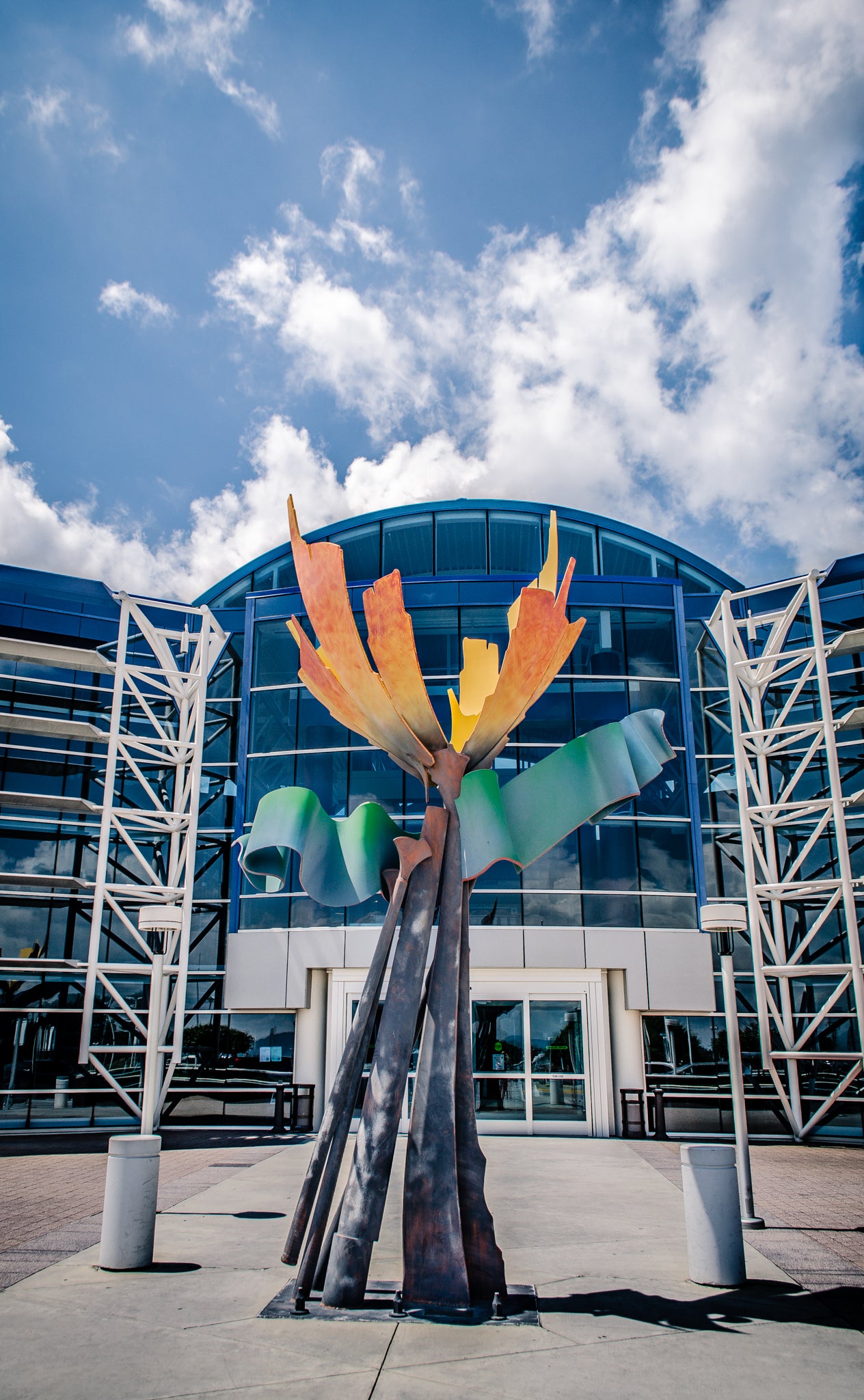 Modern art sculpture 'Aurora' in front of terminal entrance