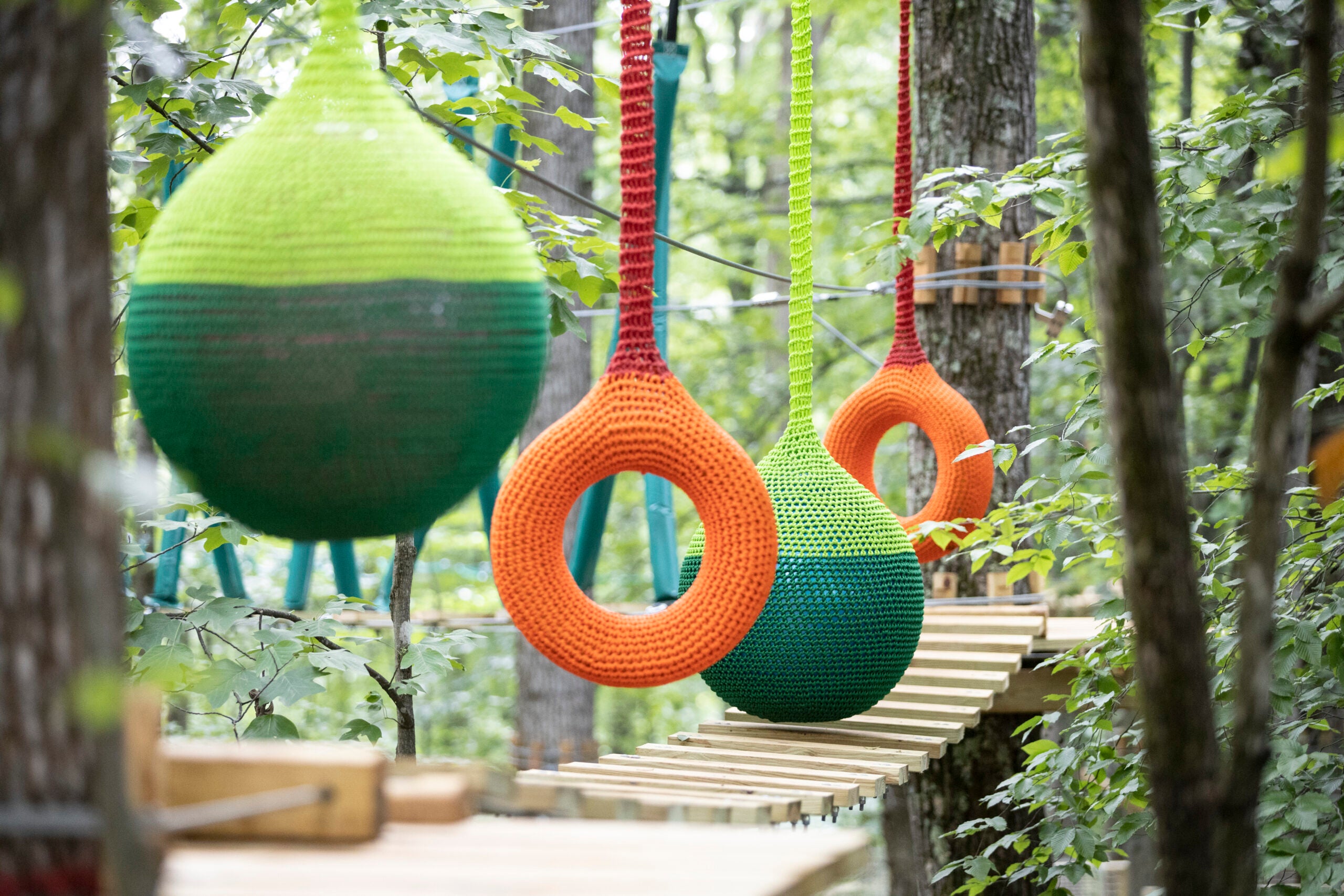 Roanoke County ropes course with colorful obstacles